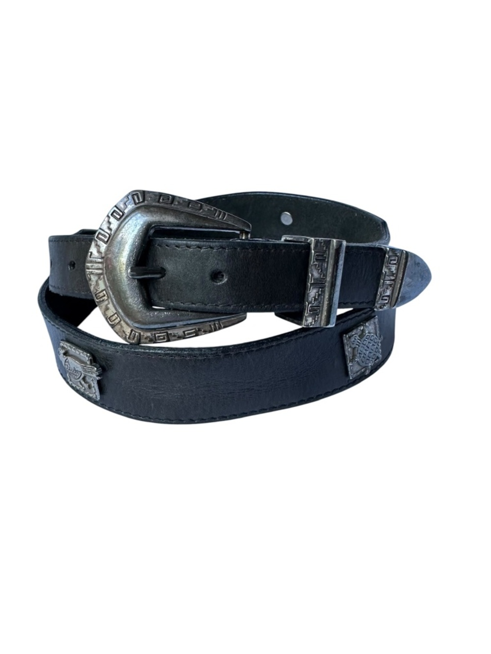 Vintage Black Leather With Silver Animal Conchos Ranger Western Unisex Belt 33